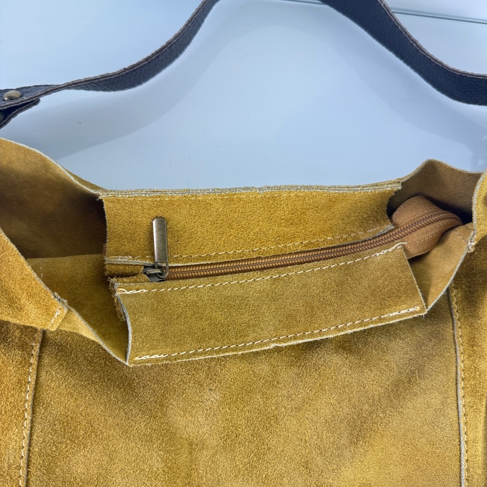 Moda in Italia Hobo Bag Tote Womens Mustard Yellow Suede Leather Slouchy Zip - Picture 3 of 14